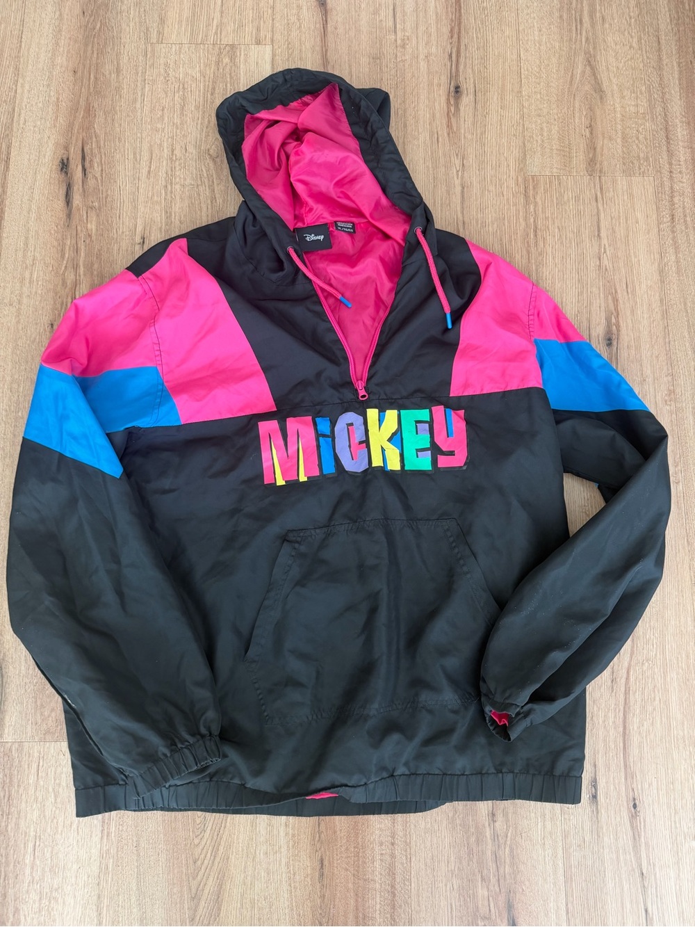 Vintage Disney Black Hooded Pullover Jacket with Pink & Blue Colorblock "Mickey"